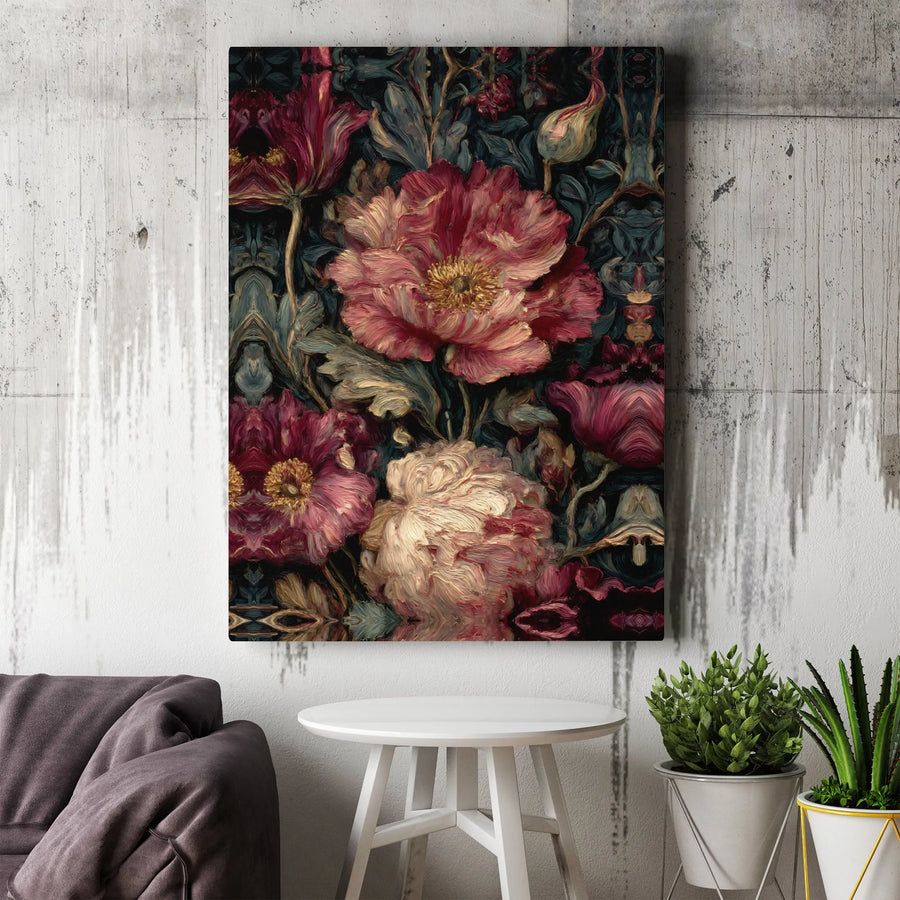 Dark Moody Floral Peonies Canvas Print | Vintage Botanical Oil Painting Art | Premium Gallery Wrap Decor | Aesthetic Wall Art for Home Office