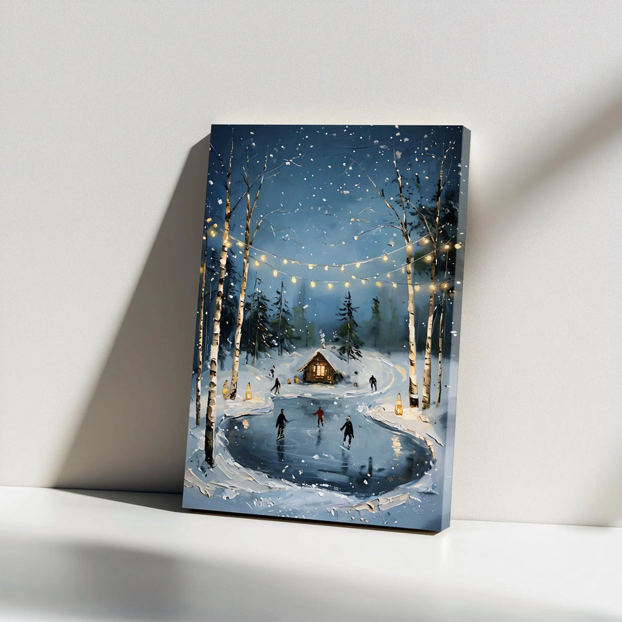 Winter Ice Skating Canvas Art | Snowy Cabin With Fairy Lights | Premium Gallery Wrapped Print | Festive Seasonal Wall Decor for Home