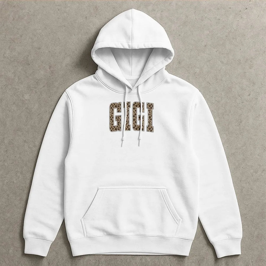 Gigi Hoodie | Leopard Print Varsity Letters | Cozy Cotton Blend Crewneck | Unique Mother's Day Gift for Grandma