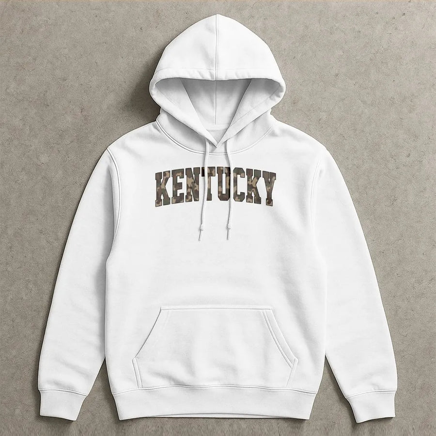 Kentucky Hoodie | Camo Varsity Letter Graphic | Premium Cotton Blend | Unisex Pullover Sweatshirt for State Pride and Gift