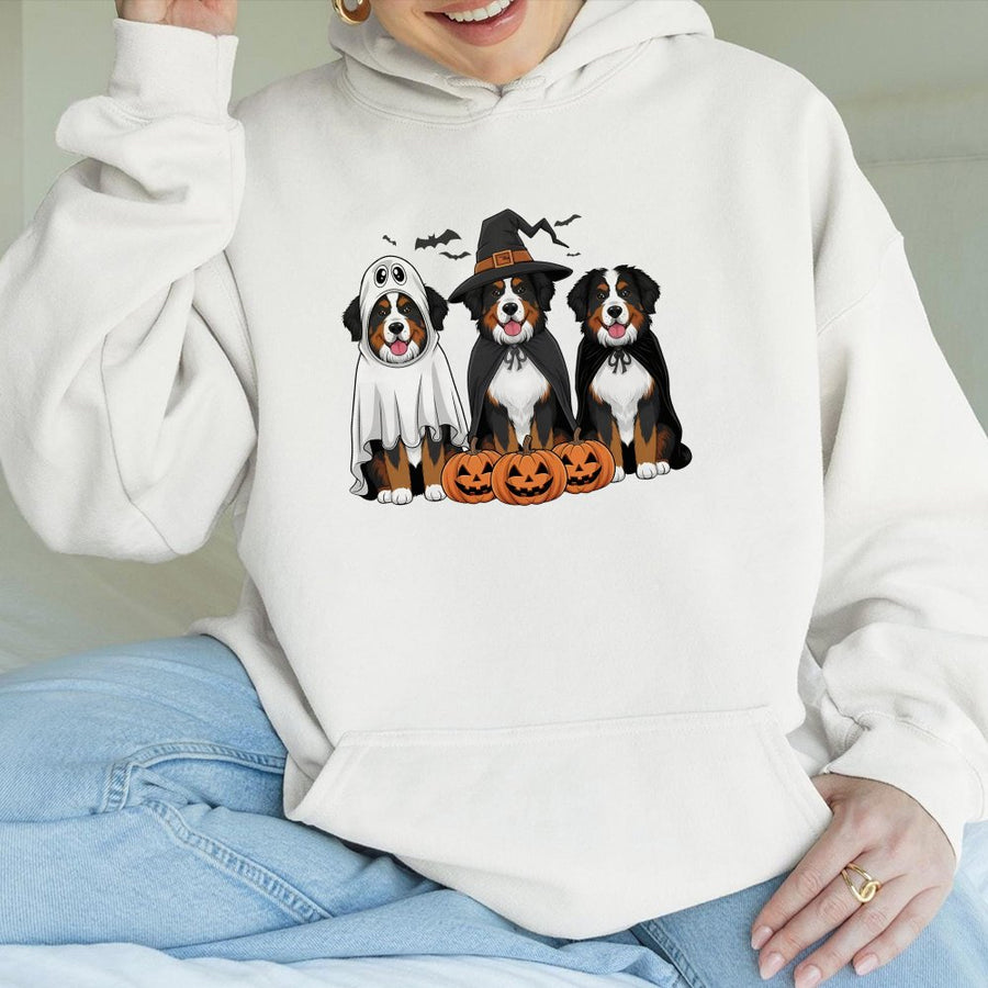 Bernese Mountain Dog Halloween Hoodie | Cute Spooky Ghost Pumpkin Graphic | Premium Cotton Blend Unisex Pullover | Gift for Dog Mom and Dog Lover