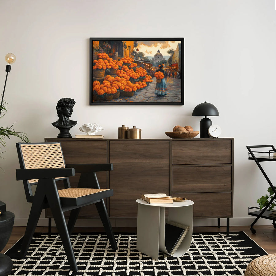 Dia De Los Muertos Canvas Wall Art | Mexican Marigold Market Painting | Premium Gallery-Wrapped Print | Cultural Home Decor Gift
