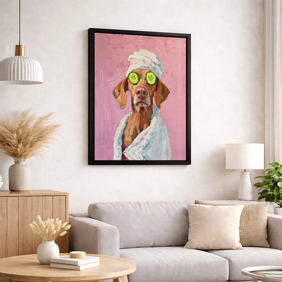 Vizsla Dog Spa Wall Art | Funny Puppy with Cucumber Slices | Premium Gallery Canvas | Cute Animal Bathroom Decor Gift