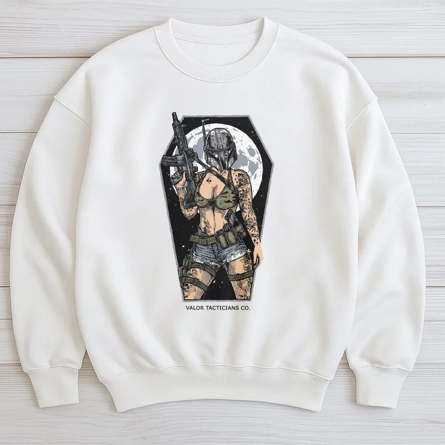 Tactical Girl Graphic Sweatshirt | Armed Warrior Angel Illustration | Premium Cotton-Poly Blend Crewneck | Edgy Streetwear Gift For Her