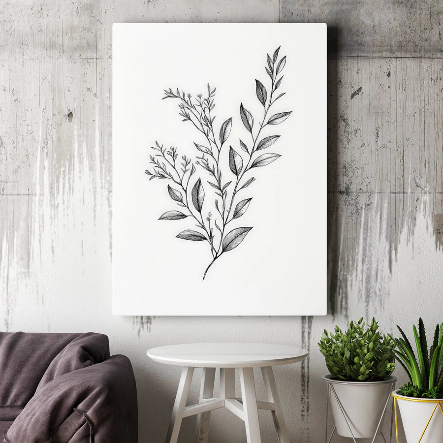 Minimalist Botanical Canvas Wall Art | Fine Line Leaf Sketch | Premium 1.25-Inch Gallery Wrap | Modern Neutral Home Decor Gift