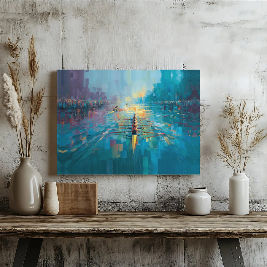 Rowing Crew Canvas Wall Art | Abstract Boat Race Painting | Premium Stretched Canvas | Inspirational Gift for Rower & Coach