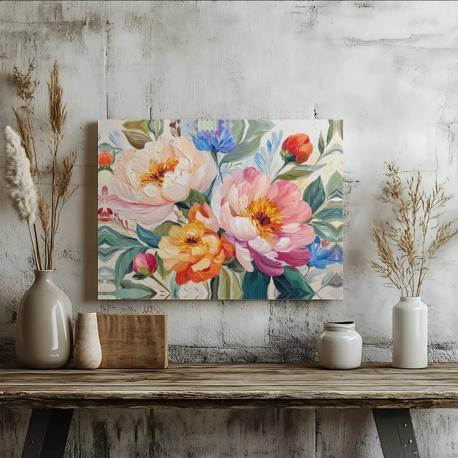 Peony Flower Canvas Wall Art | Impasto Floral Oil Painting Style | Premium Gallery Wrap Print | Elegant Home Decor Gift