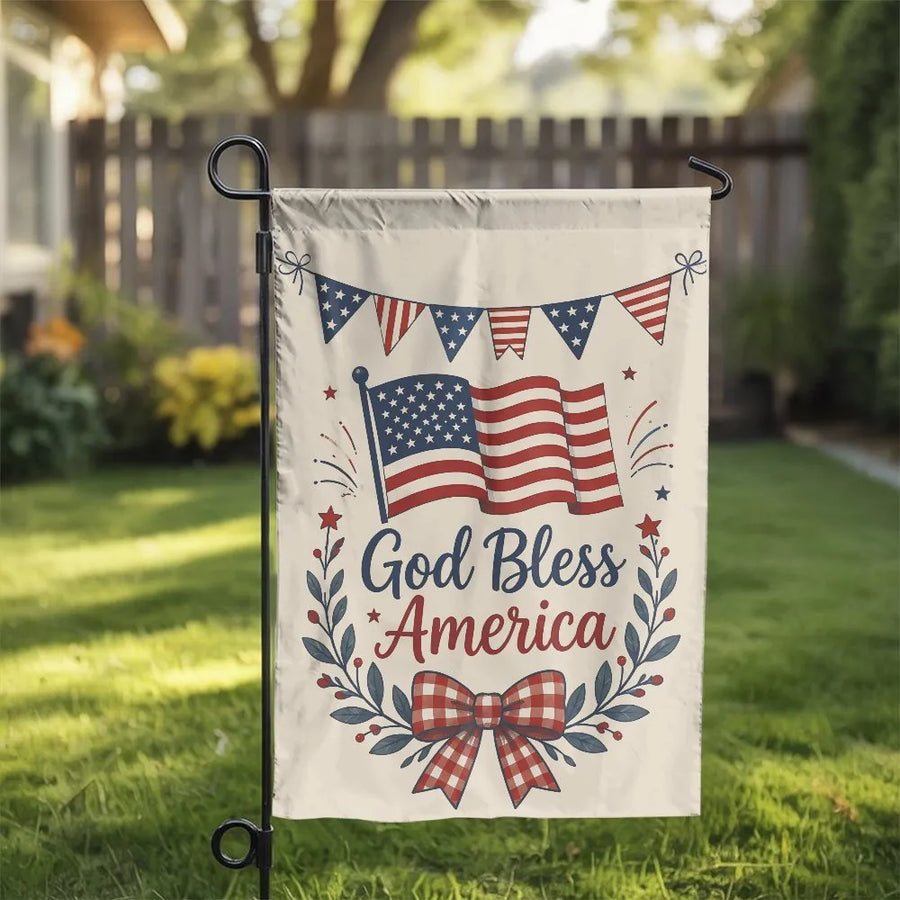Patriotic God Bless America Garden Flag | Double Sided Rustic American Flag with Plaid Bow | Weather-Resistant Polyester | Outdoor July 4th Yard Decor