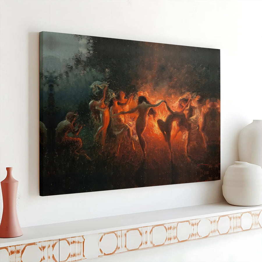 Witches Dancing Around Bonfire Canvas Print | Dark Fantasy Sabbath Wall Art | Premium Gallery Wrap Decor | Occult Aesthetic Home Gift