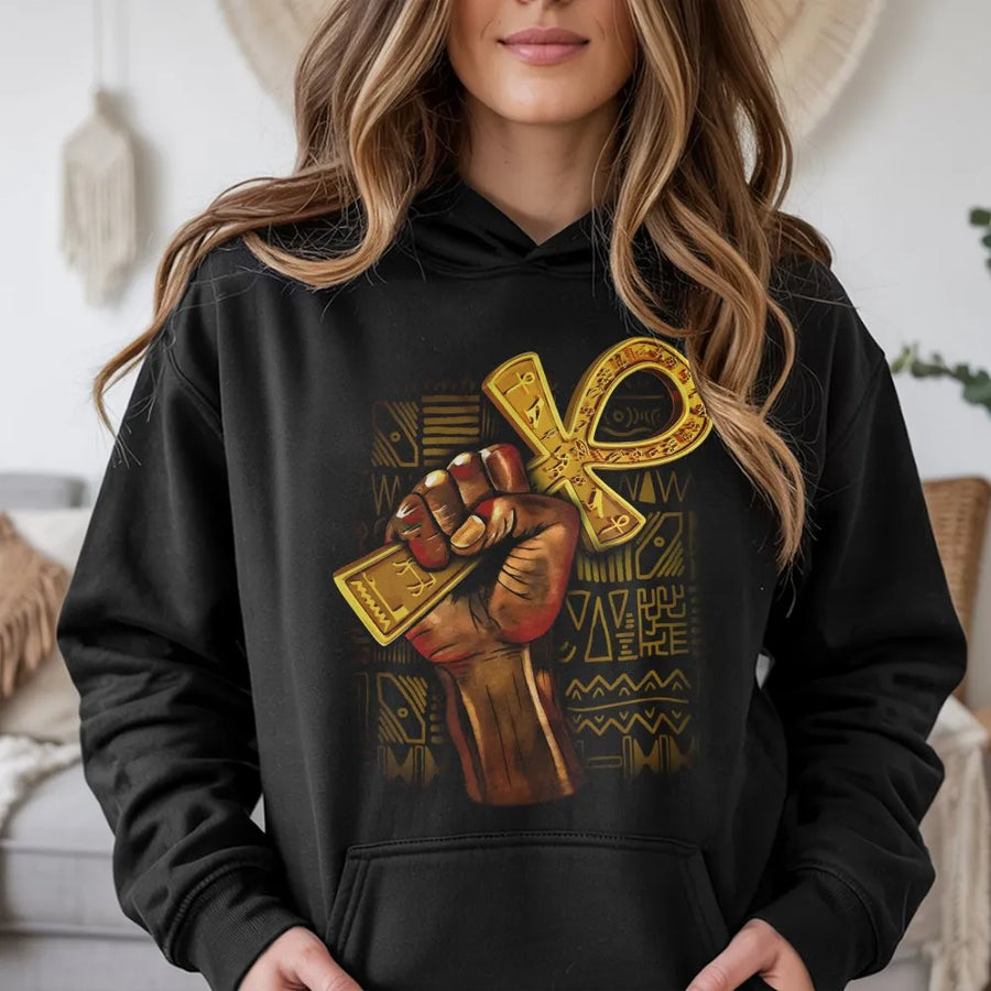 Ankh Symbol Hoodie | Black Power Fist Egyptian Art Graphic | Premium Cotton Blend | Gift for Black History Month and Cultural Pride