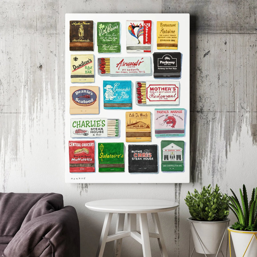 New Orleans Wall Art | Vintage Restaurant Matchbook Collection Print | Premium Gallery Wrapped Canvas | NOLA Souvenir Travel Gift For Foodies