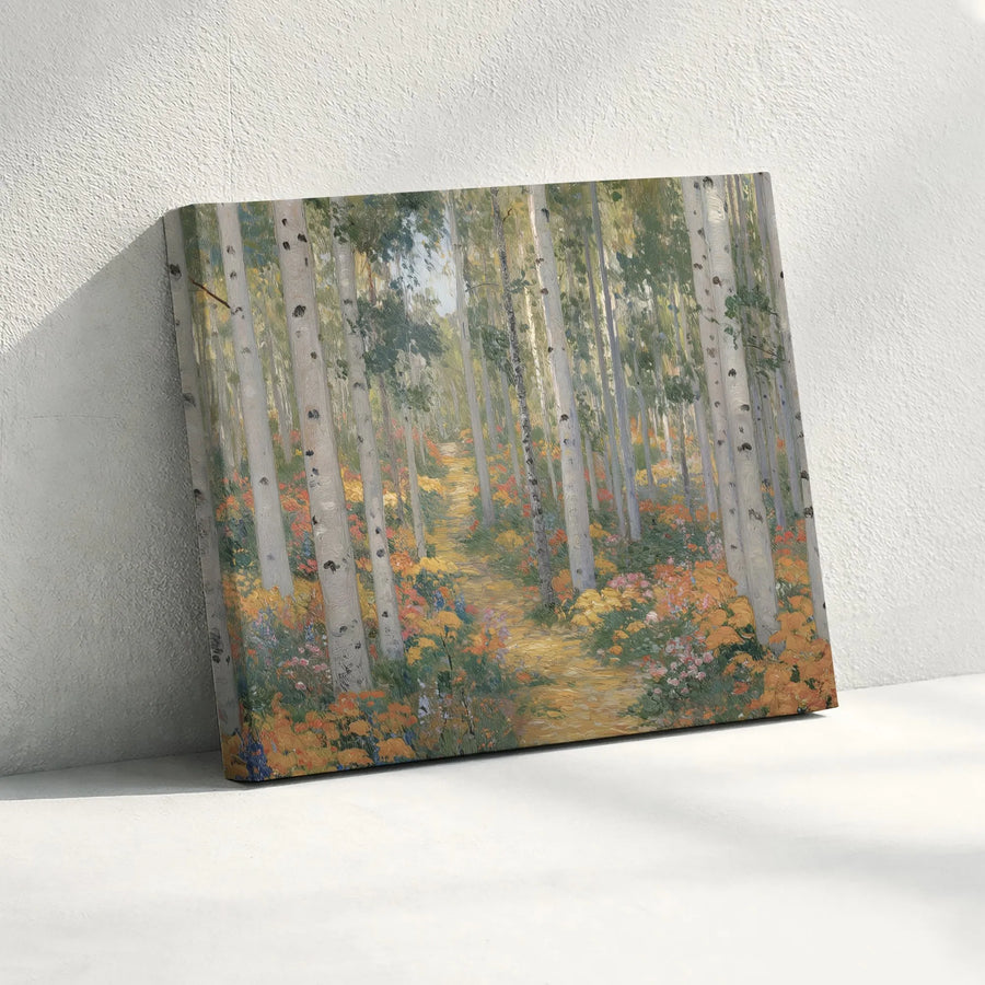 Aspen Birch Forest Landscape Canvas | Autumn Wildflower Trail Wall Art | Premium Gallery Wrapped Print | Nature Inspired Home Decor Gift