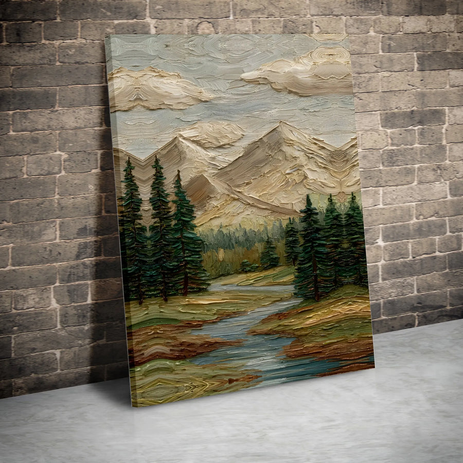 Textured Mountain Landscape Vertical Canvas | 3D-Effect Impasto Oil Paint Style Forest & River Scene | Premium 1.25" Gallery Wrap Print | Scenic Nature Wall Art Gift for Living Room Decor