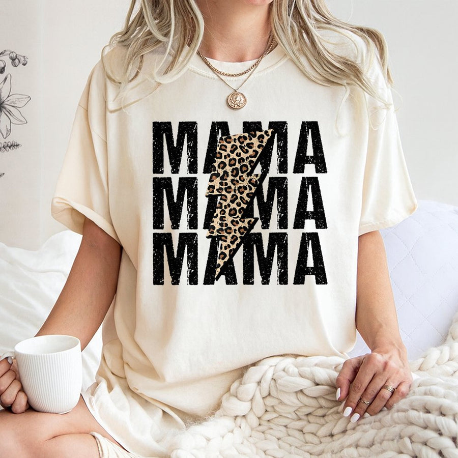 Mama Leopard Lightning Bolt T-Shirt | Trendy Graphic Animal Print Design | 100% Cotton Premium Tee | Unique Mother's Day 2026 Gift for Mom