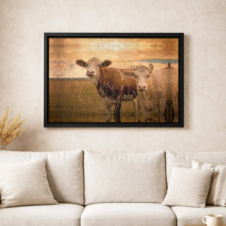 Rustic Farmhouse Cow Canvas Wall Art | Two Cattle In Sunset Field | Gallery-Quality Premium Print | Country Kitchen Home Decor Gift
