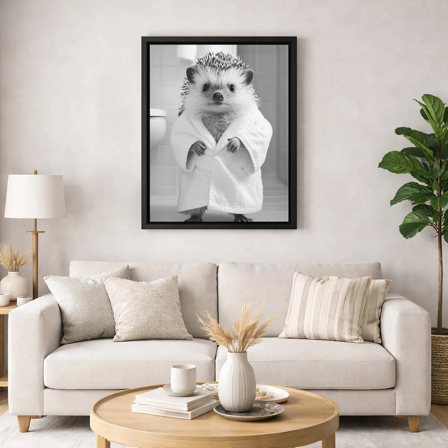 Hedgehog in Bathrobe Canvas Wall Art | Funny Black and White Animal Portrait | Premium 1.25-Inch Gallery Wrap | Cute Bathroom Decor for Home
