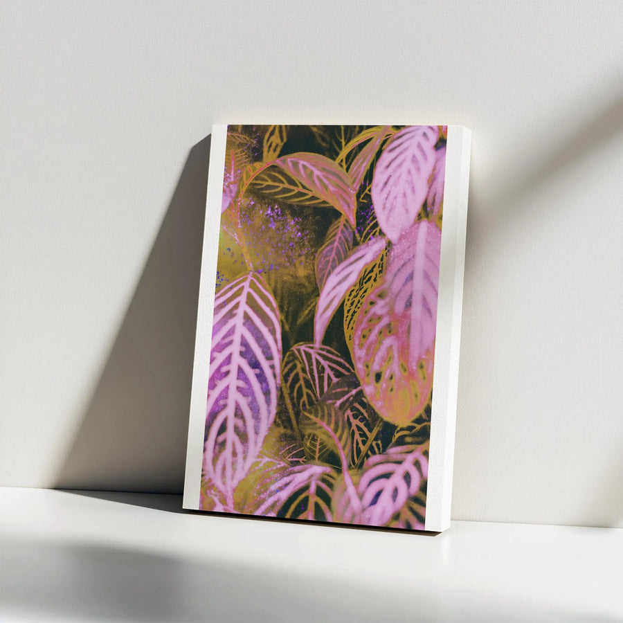 Abstract Botanical Vertical Canvas | Vibrant Pink & Gold Leaf Design | Premium Gallery Wrapped Print | Modern Home Decor Gift