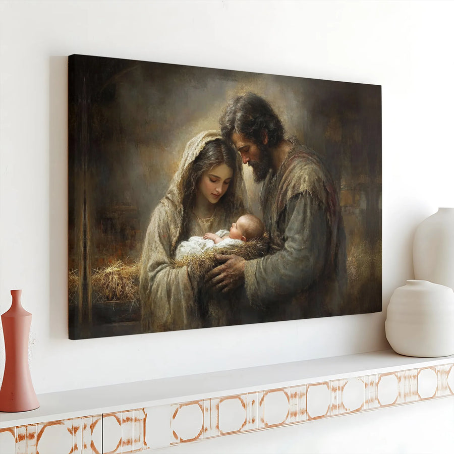 Holy Family Nativity Canvas Art | Mary Joseph and Baby Jesus Print | Premium 1.25 Inch Gallery Wrap | Religious Christmas Home Decor Gift