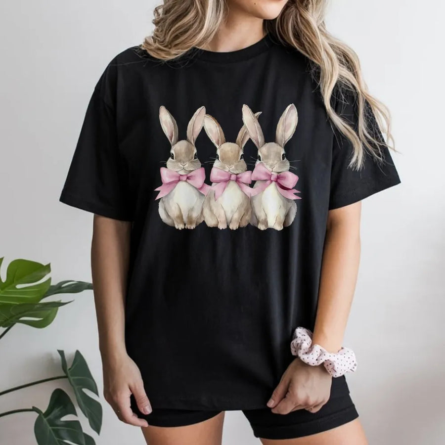 Easter Bunny T-Shirt | Coquette Aesthetic Pink Bows | Premium Cotton Cute Rabbit Graphic | Festive Spring Holiday Gift For Women