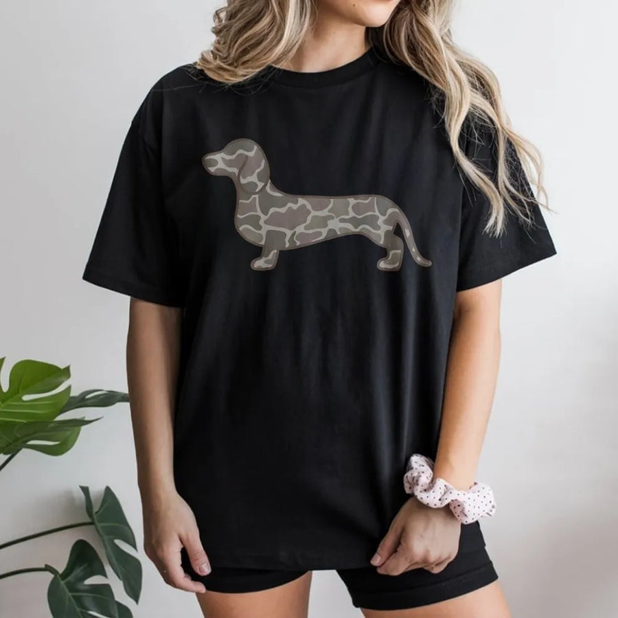 Dachshund Camo T-Shirt | Wiener Dog Duck Camouflage Graphic | Premium Cotton Unisex Tee | Gift for Dachshund Mom and Dog Lover
