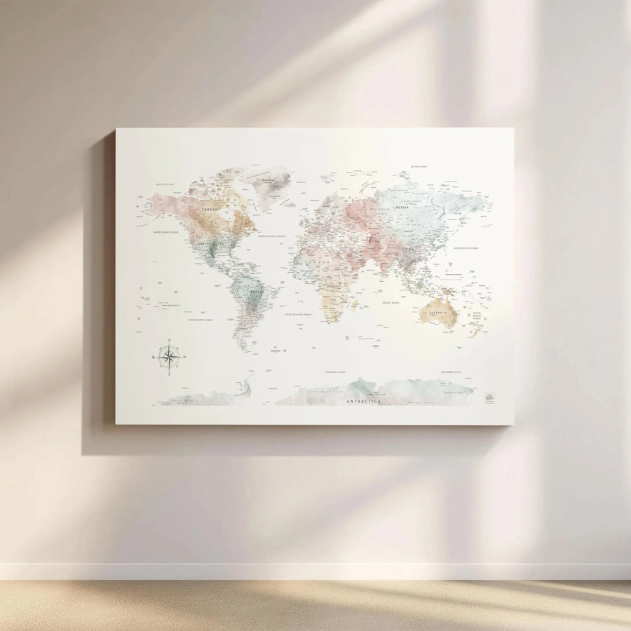 Watercolor World Map Canvas Print | Large Decorative Wall Art | Premium Gallery Wrap Wooden Frame | Travel Gift for Home and Office Decor