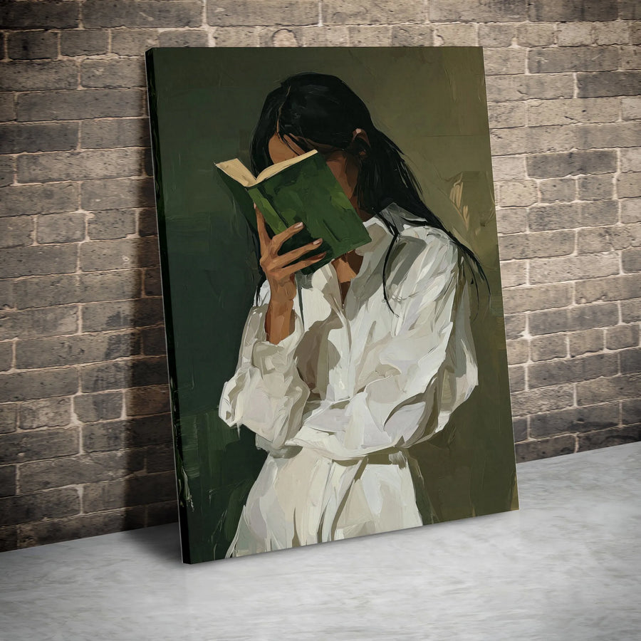 Woman Reading Book Vertical Canvas | Dark Academia Aesthetic Wall Art | Premium Thick Gallery Wrap | Gift for Book Lovers and Readers