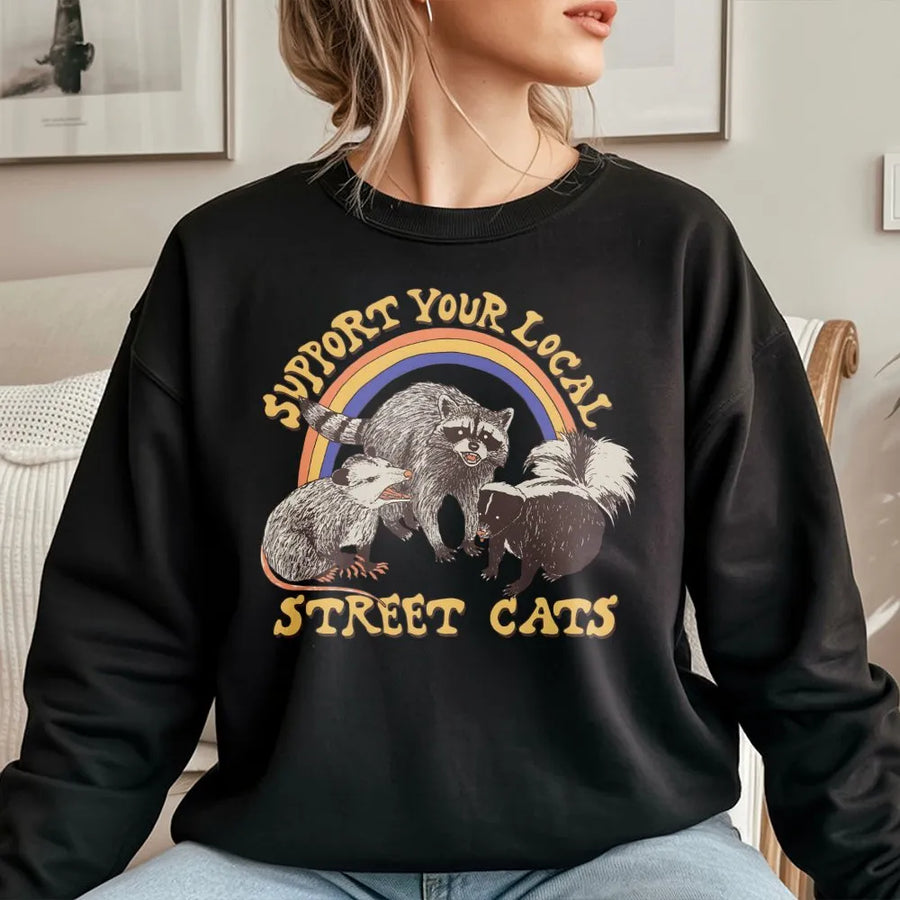 Support Your Local Street Cats Sweatshirt | Funny Raccoon Opossum Skunk Retro Rainbow Graphic | Premium Cotton Blend Crewneck | Cute Animal Lover Gift