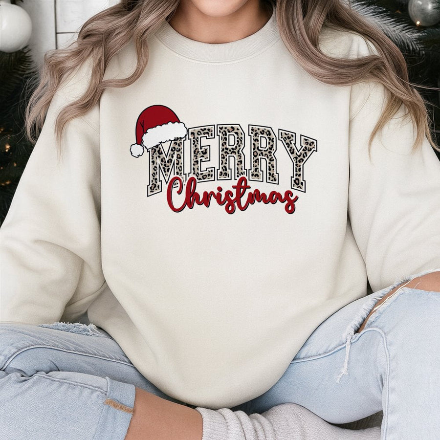 Merry Christmas Leopard Print Sweatshirt | Retro Holiday Santa Hat Graphic | Soft Cotton Blend Unisex Pullover | Festive Winter Gift For Her