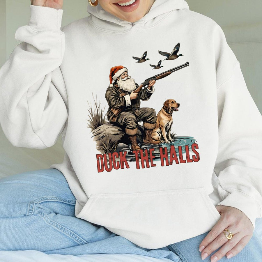Duck The Halls Hunting Hoodie | Funny Santa Hunter Graphic | Premium Cotton-Blend Pullover | Christmas Gift for Hunters and Outdoorsmen