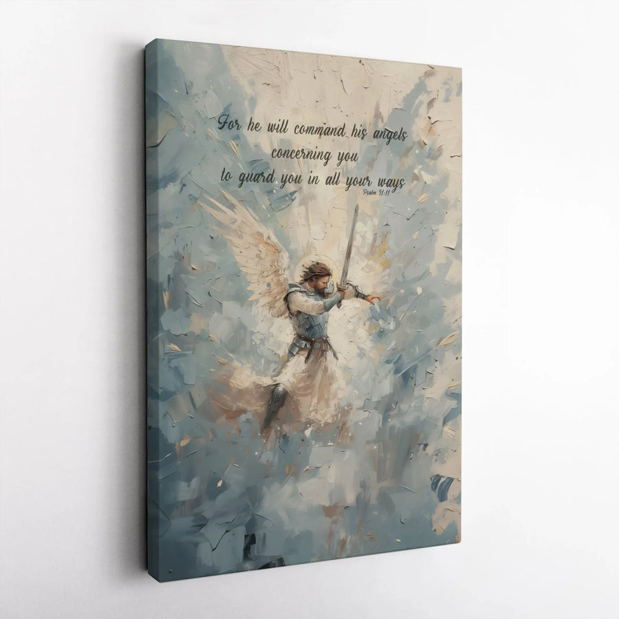 Psalm 91:11 Warrior Angel Canvas Art | Guardian Angel Scripture Wall Decor | Premium Stretched Religious Print | Faithful Gift for Home or Office