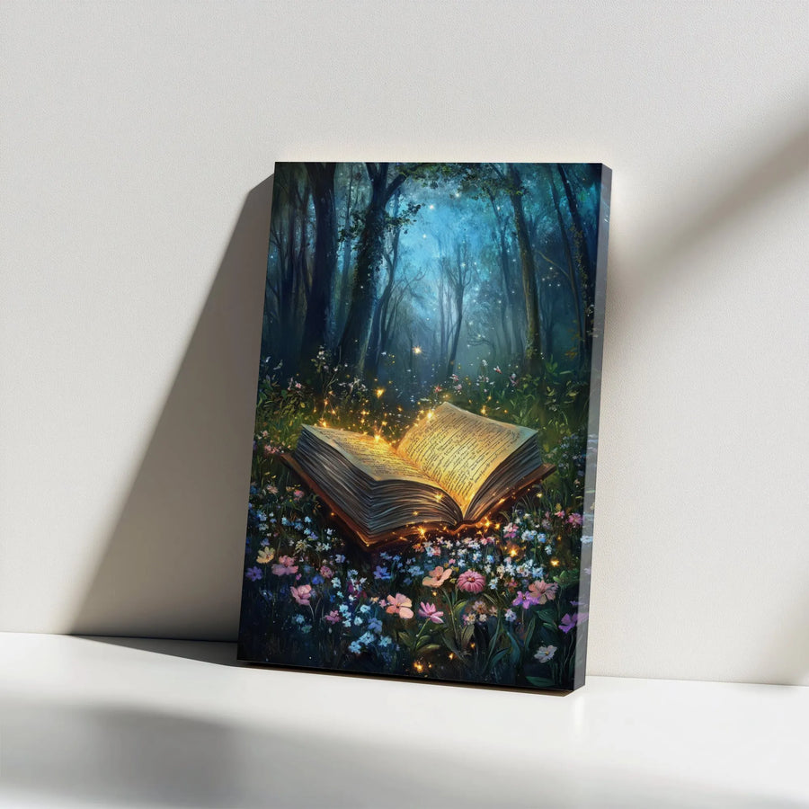 Enchanted Forest Book Canvas Art | Magical Glowing Fairy Tale Decor | Premium Gallery-Wrapped Print | Whimsical Library Wall Decor for Book Lovers