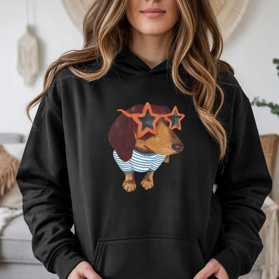Dachshund Hoodie | Funny Wiener Dog in Star Glasses Graphic | Cotton Blend Premium Sweatshirt | Gift for Dog Lover