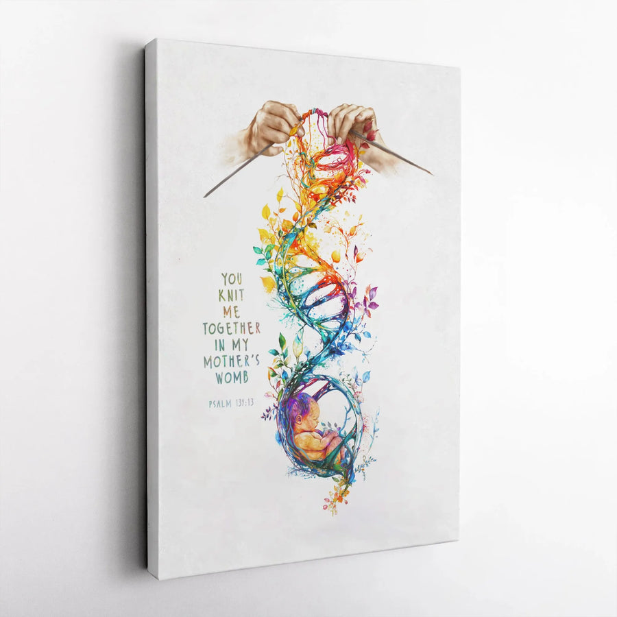 Psalm 139:13 Canvas Wall Art | Watercolor DNA Knitting Baby Illustration | Premium Gallery Wrapped Decor | Christian Nursery Gift for Mom