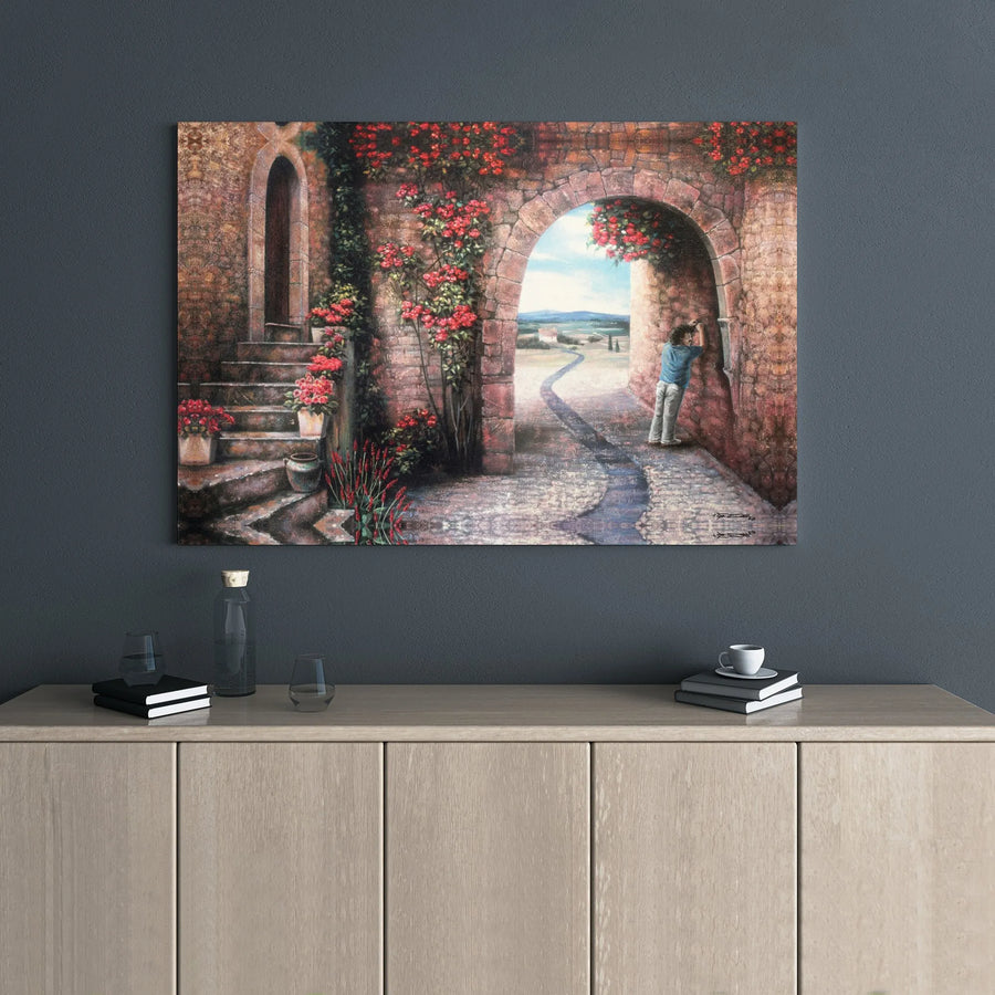 Tuscan Stone Archway Canvas Wall Art | Italian Landscape With Red Flowers | 1.25 Inch Gallery Wrap Premium Decor | Romantic Home Office Gift