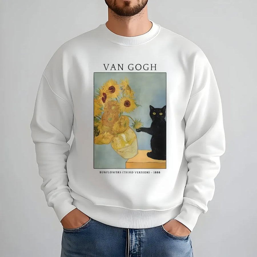 Van Gogh Cat Sweatshirt | Sunflower Art Funny Black Cat Graphic | Premium Cotton Blend | Artistic Gift for Cat Lovers & Art Teachers