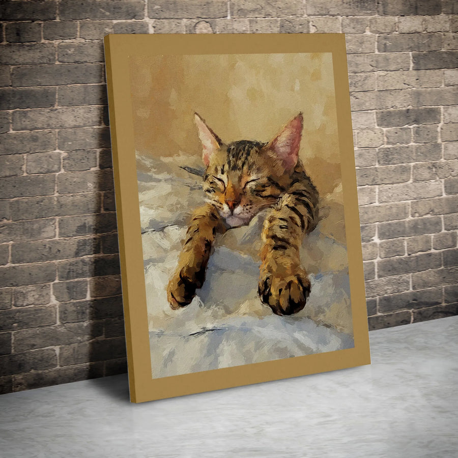Sleeping Tabby Cat Canvas Print | Impressionist Oil Painting Style | Gallery Wrapped 1.25 Inch Thick | Cozy Home Decor Cat Lover Gift