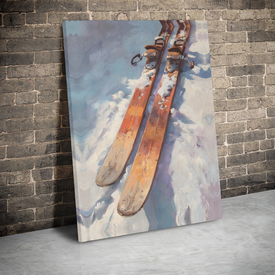Vintage Wooden Skis Canvas Art | Snowy Mountain Landscape Print | Premium Gallery Wrap Decor | Ski Lodge Wall Decor for Winter Sports Lovers