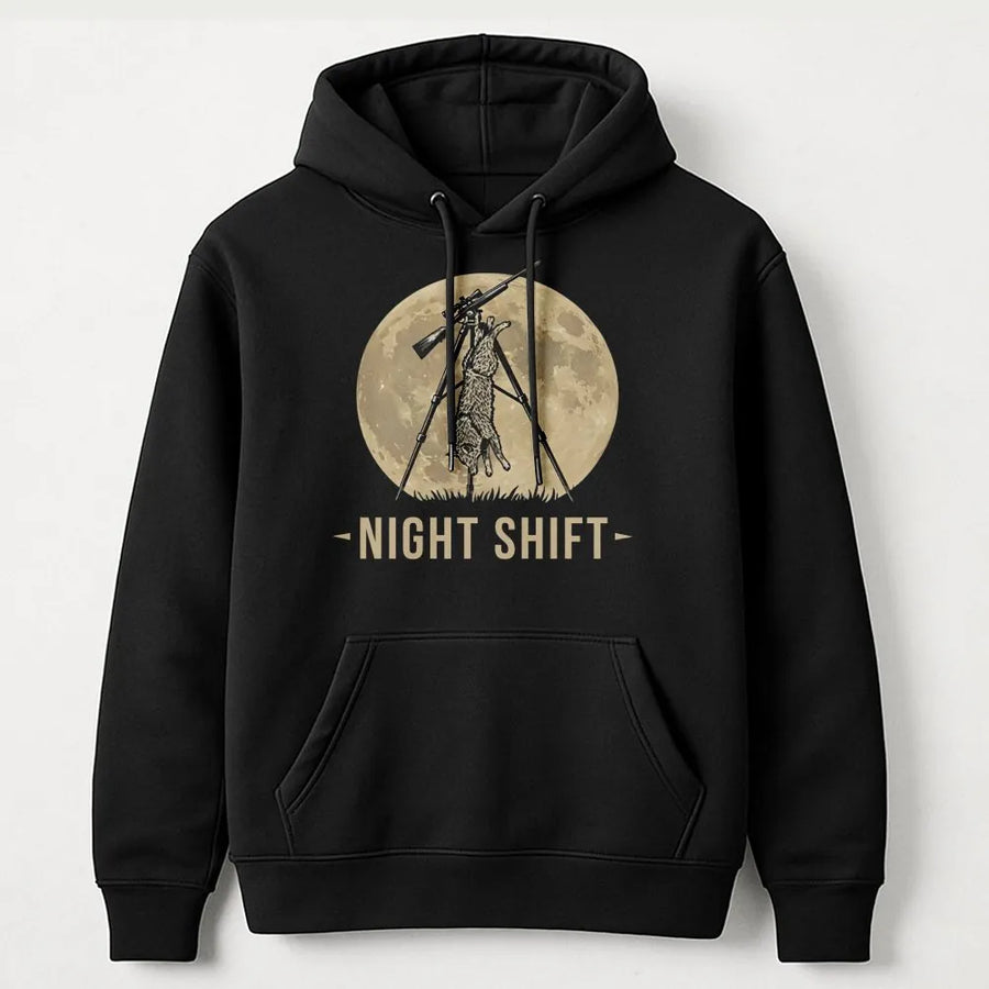 Night Shift Coyote Hunting Hoodie | Sniper Moon Silhouette Graphic | Premium Cotton Blend | Gift For Predator Hunter Men