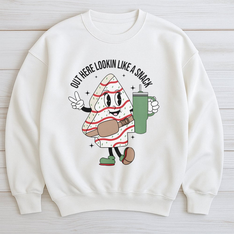 Christmas Tree Cake Sweatshirt | Out Here Lookin Like A Snack Graphic | Unisex Premium Cotton Blend | Funny Holiday Gift For Her