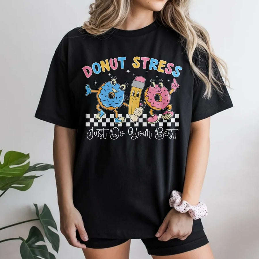 Donut Stress Teacher T-Shirt | Funny Retro Testing Day Graphic | Cozy Unisex Pullover | State Exam Motivation Gift for Teachers