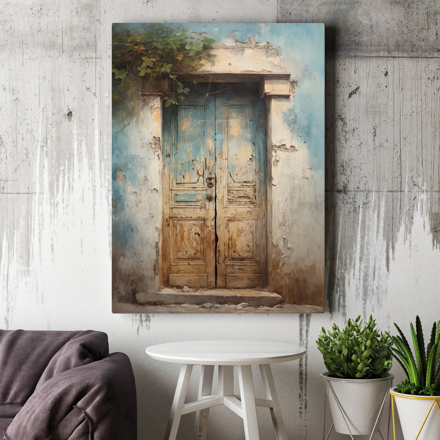 Rustic Blue Door Canvas Print | Weathered Architectural Wall Art | 1.25 Inch Gallery Wrap | Vintage Mediterranean Home Decor