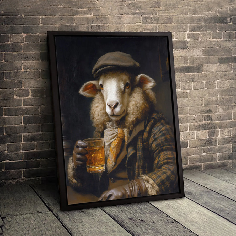 Dapper Sheep Whiskey Portrait Canvas | Victorian Farmhouse Wall Art | Premium Gallery Wrapped Print | Unique Gift for Bar Decor Enthusiasts