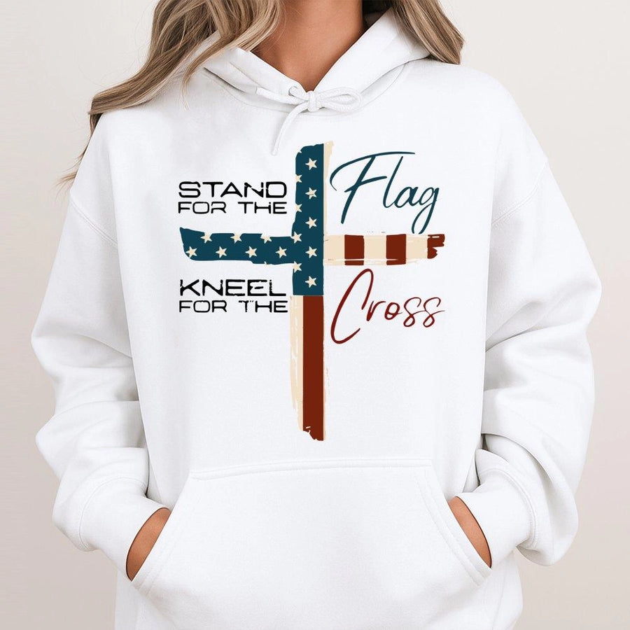 Stand For The Flag Kneel For The Cross Hoodie | Patriotic Christian Graphic Apparel | Soft Cotton Blend Sweatshirt | Faith And Country Gift For Men Women