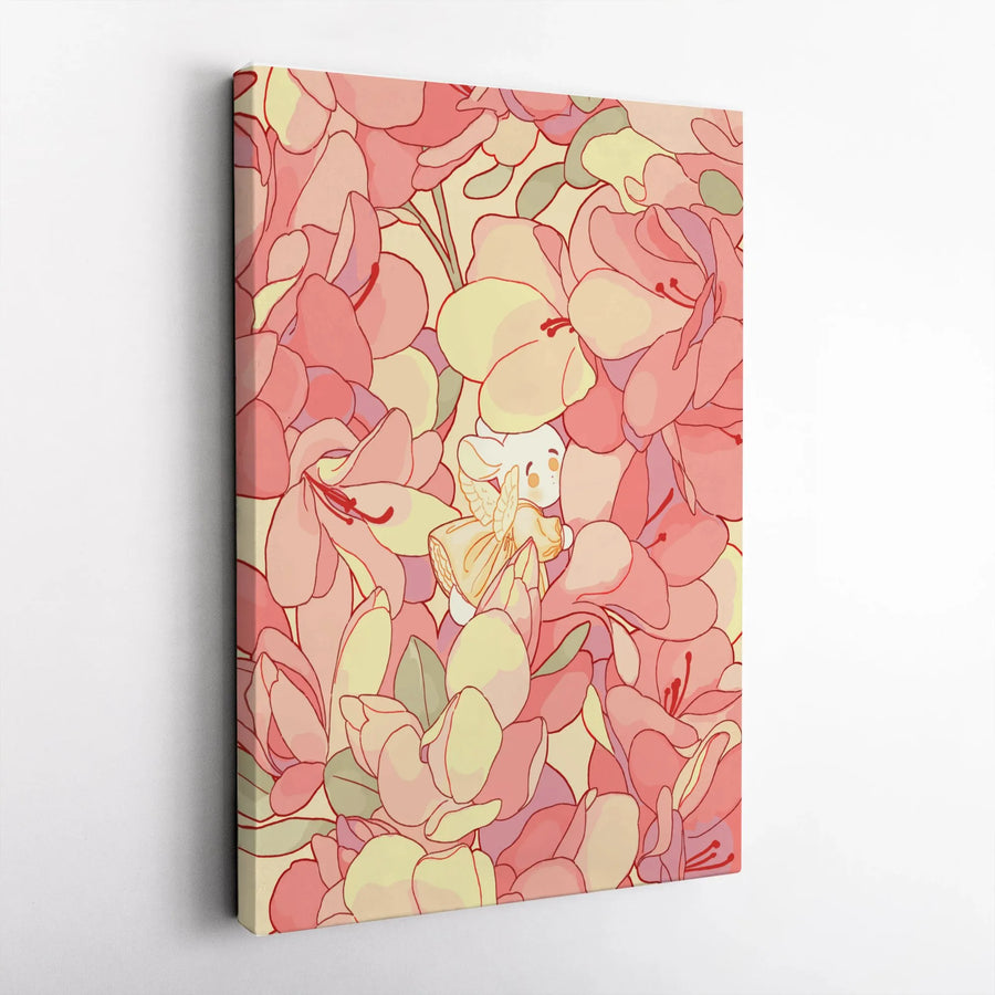 Kawaii Angel Bunny Vertical Canvas | Pastel Floral Illustration | Premium Gallery Wrapped Print | Cute Nursery Wall Art Decor Gift