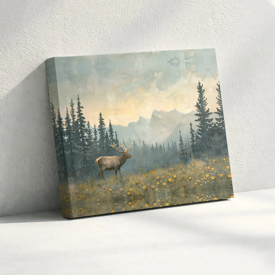 Elk Mountain Landscape Canvas | Foggy Forest Meadow Wall Art | Premium Gallery-Wrapped Print | Nature-Inspired Home Decor Gift