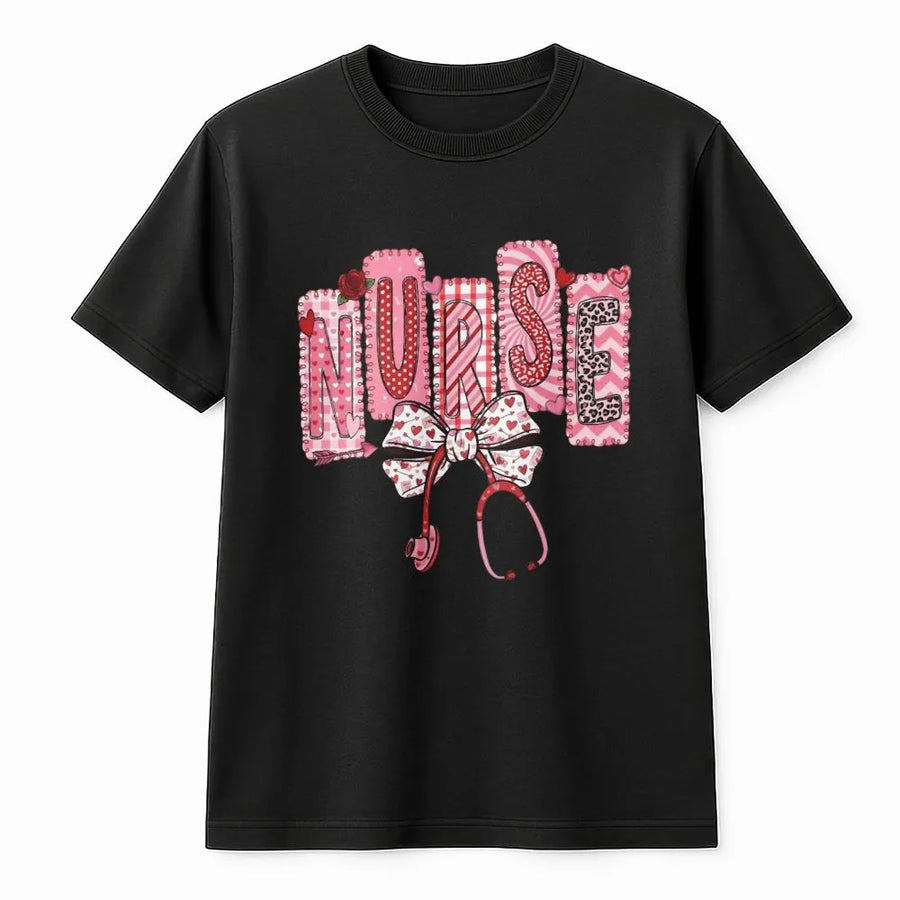 Nurse Valentine T-Shirt | Coquette Stethoscope Bow Graphic | Premium Soft Cotton | Cute Heart Nursing School Gift for Her