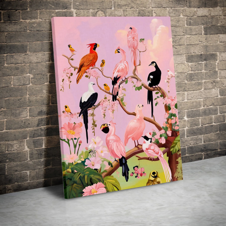 Exotic Birds Vertical Canvas | Vibrant Chinoiserie Style Avian Painting | Premium Gallery Wrapped Wall Art | Collector's Home Decor Gift for Bird Lovers