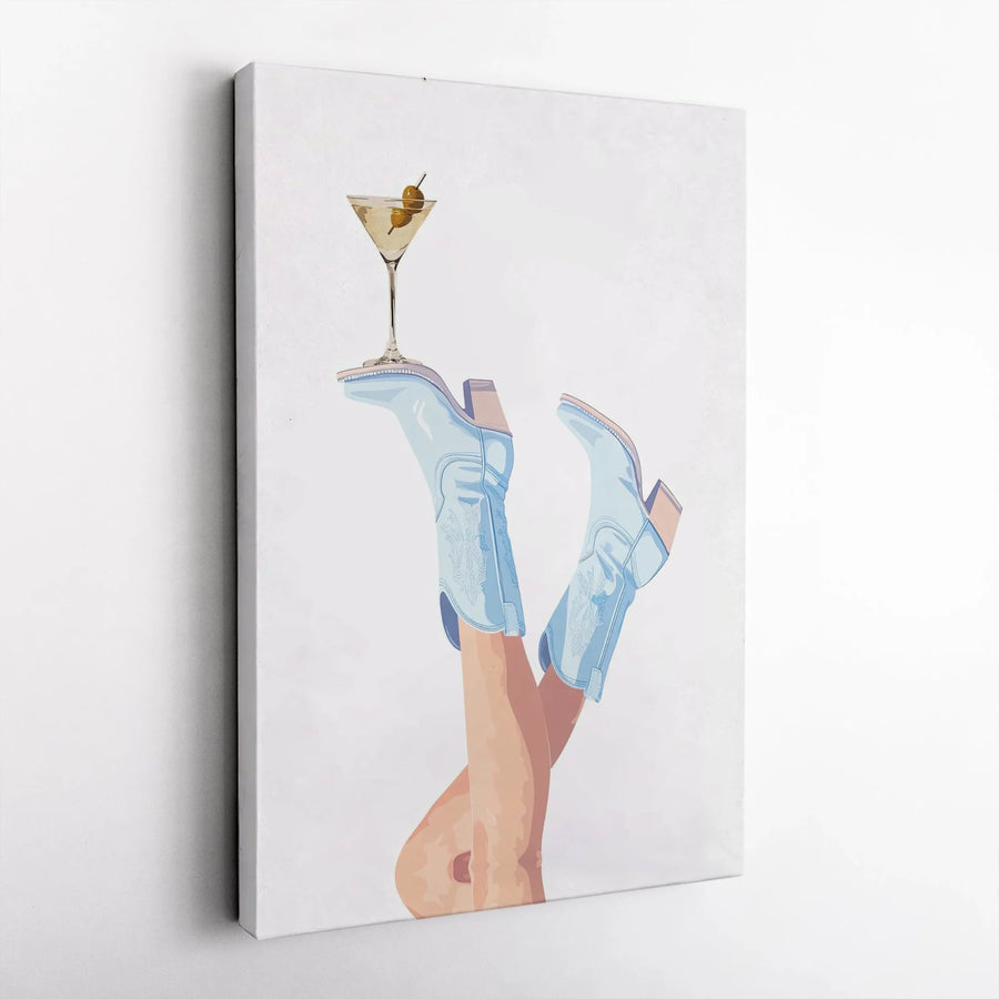 Cowgirl Boots Wall Art | Blue Western Fashion Illustration | Premium Gallery Wrap Canvas | Chic Bar Cart & Home Decor Gift