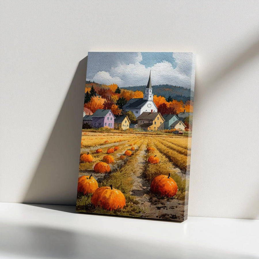 Autumn Pumpkin Patch Wall Art | Watercolor Village Church Landscape | Gallery Wrapped Canvas Decor | Rustic Farmhouse Seasonal Gift