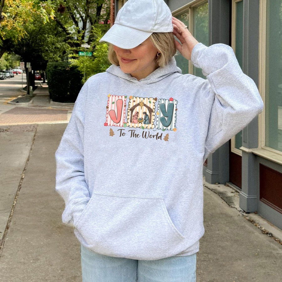 Joy To The World Hoodie | Nativity Scene Christmas Graphic | Premium Cotton Blend | Faith-Based Religious Holiday Gift for Women and Men